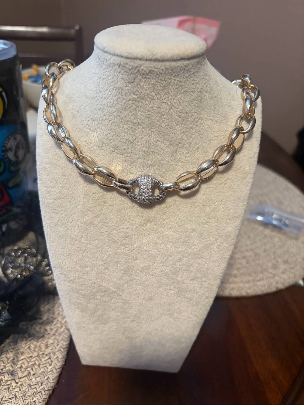 Gold-Tone Chunky Link Necklace with Pave Clasp